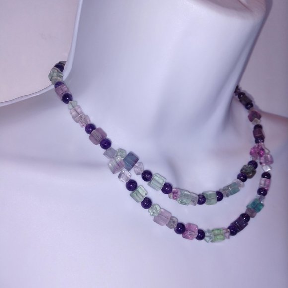 Handmade Beaded Statement Necklace with Fluorite and Amethyst Beads Purple Green - Picture 5 of 12